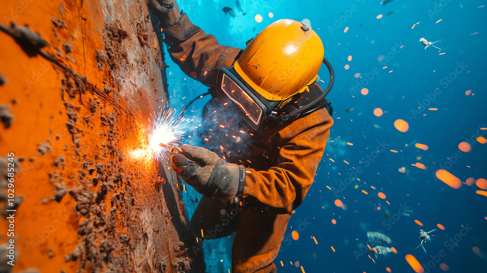 A diver wearing a protective suit and helmet performs underwater welding on a large rusted metal structure, showcasing the intricacies of marine engineering and maintenance. A diver wearing a protective suit and helmet performs underwater welding on a large rusted metal structure, showcasing the intricacies of marine engineering and maintenance.