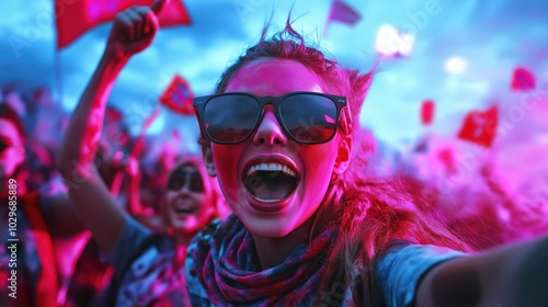 Energetic crowd of people celebrating at a vibrant high energy music festival with a colorful lively atmosphere and an atmosphere of happiness joy and excitement