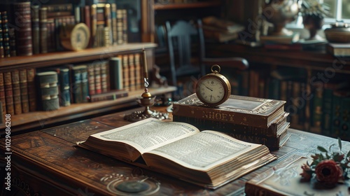 An open book on a wooden desk in a library, with a pocket watch on top of a stack of other books.