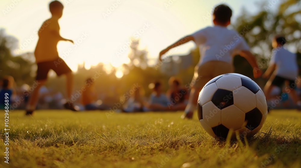 Fototapeta premium Silhouettes of energetic children playing a competitive game of soccer together on a grassy field at sunset with the sun casting dynamic shadows and a vibrant lively atmosphere