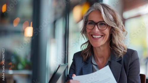 Fototapeta Naklejka Na Ścianę i Meble -  Smiling mature business woman hr holding cv document at job interview. Happy mid aged professional banking manager or lawyer consulting client sitting at workplace in corporate office meeting.