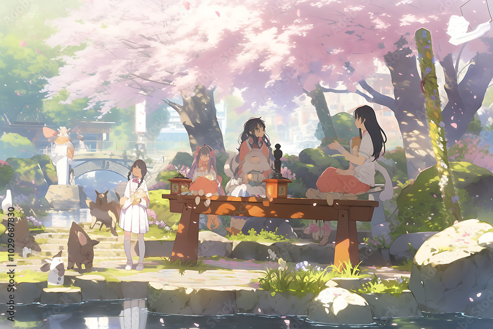 sitting on a bench in a Japanese garden and pink cherry blossoms sitting on a bench in a Japanese garden and pink cherry blossoms