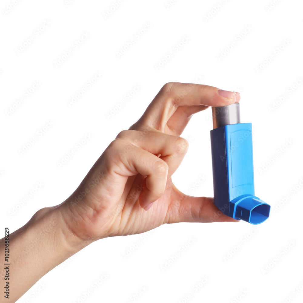 Woman holding asthma inhaler on white background, closeup Woman holding asthma inhaler on white background, closeup