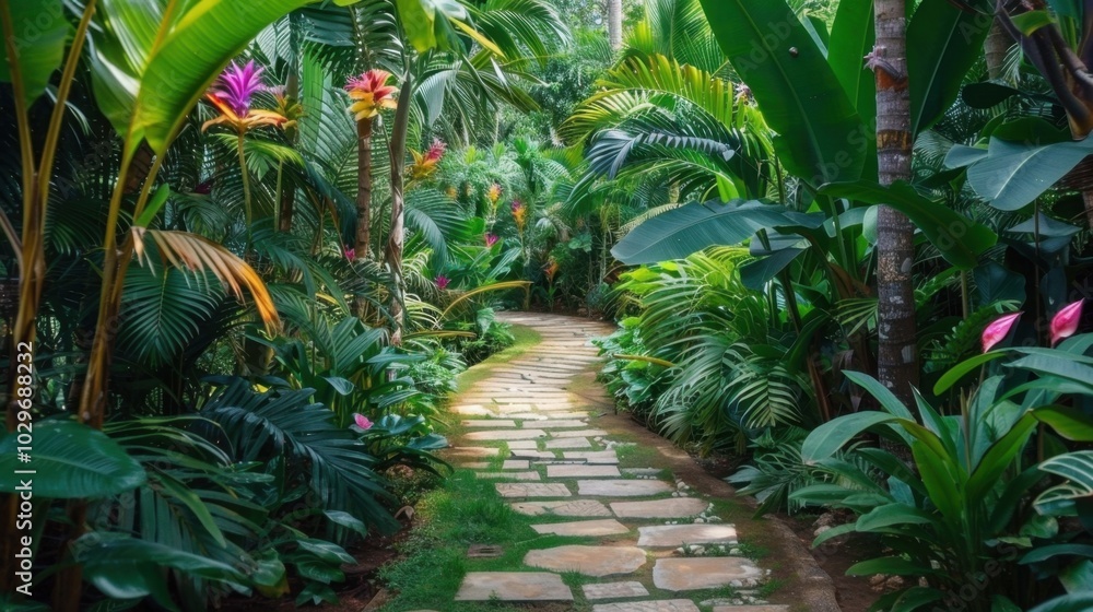 Fototapeta premium Lush Garden Path with Vibrant Green Plants