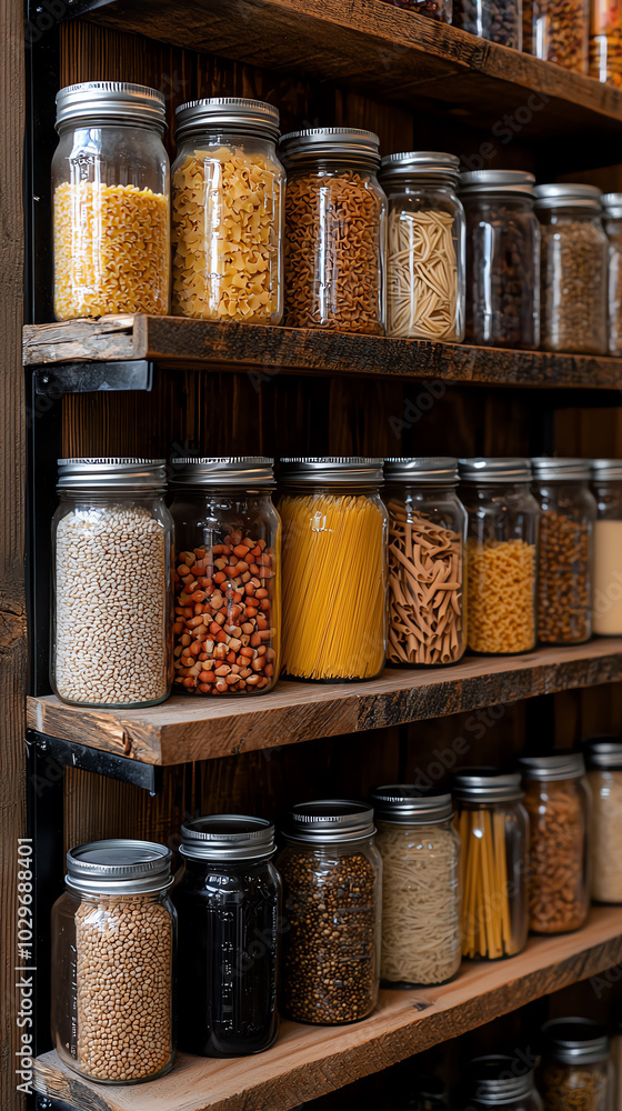 Jars filled with pasta and grains on shelves Jars filled with pasta and grains on shelves