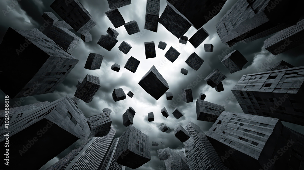 Obraz premium Surreal Floating Buildings in Stormy Sky, Futuristic and Abstract Cityscape, Ideal for Sci-Fi and Conceptual Art