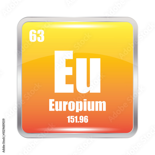 Europium icon. Eu chemical element. Atomic number 63. Mass 151.96. Orange square.