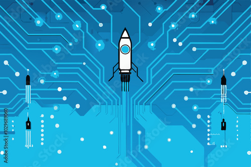 Create a vector illustration of a digital circuit board with a rocket ship flying through it.