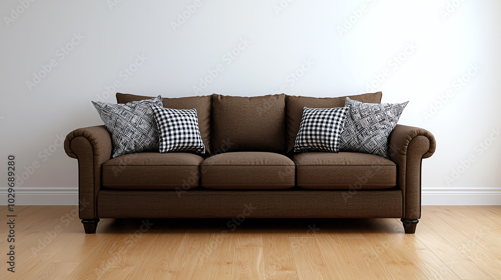 Cozy brown sofa with decorative pillows. Cozy brown sofa with decorative pillows.