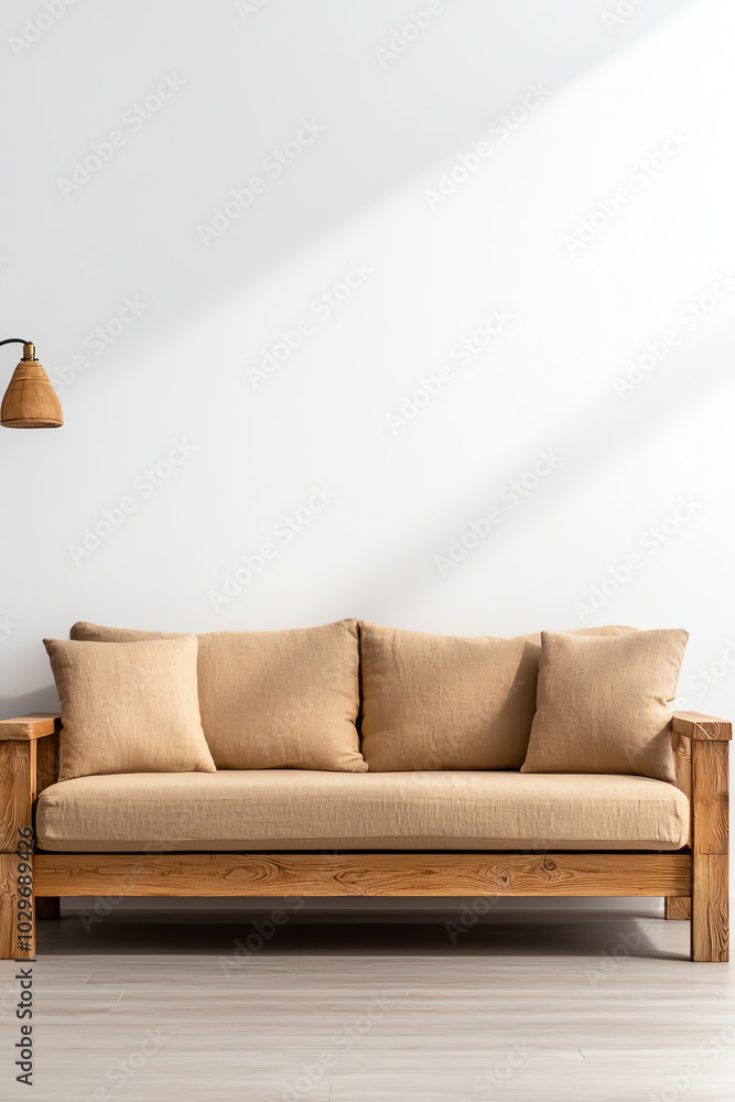 Cozy sofa with wooden frame, modern design Cozy sofa with wooden frame, modern design