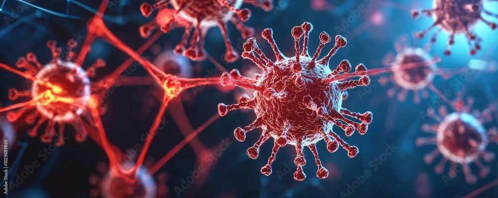 3D rendering of a virus with red spikes on a blue background. 3D rendering of a virus with red spikes on a blue background.