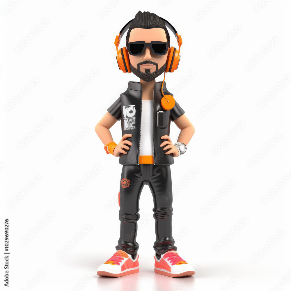 Trendy DJ Character Illustration with Headphones, Sunglasses, and Fashionable Attire Trendy DJ Character Illustration with Headphones, Sunglasses, and Fashionable Attire
