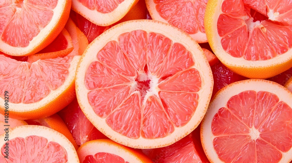 Detailed close-up of grapefruit slices forming a natural, vibrant citrus background, pink interiors, glossy surface, top-down view, Grapefruit background, Juicy textures Detailed close-up of grapefruit slices forming a natural, vibrant citrus background, pink interiors, glossy surface, top-down view, Grapefruit background, Juicy textures