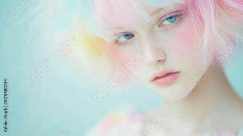 A close-up portrait of a young woman with pastel-colored hair, blending soft hues of pink, blue, and yellow, in a dreamy, ethereal style.