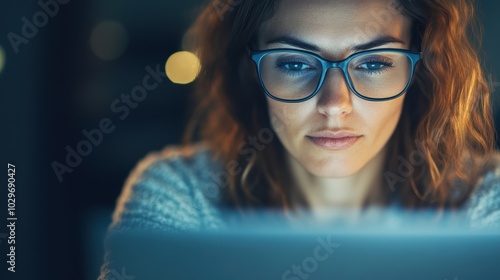 A professional woman intently analyzes data on her laptop while working late in a stylish office space