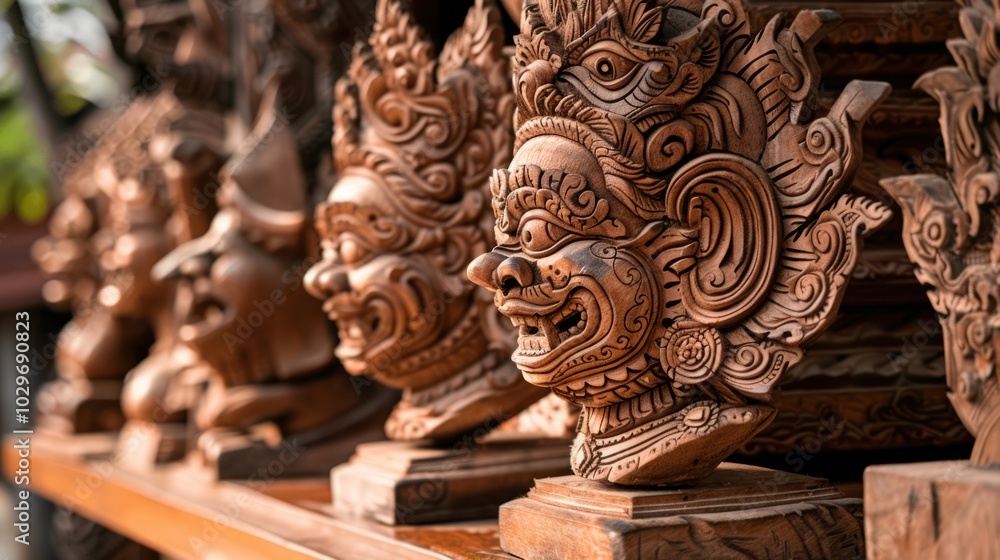 Fototapeta premium Intricate Wooden Sculptures of Mythical Creatures
