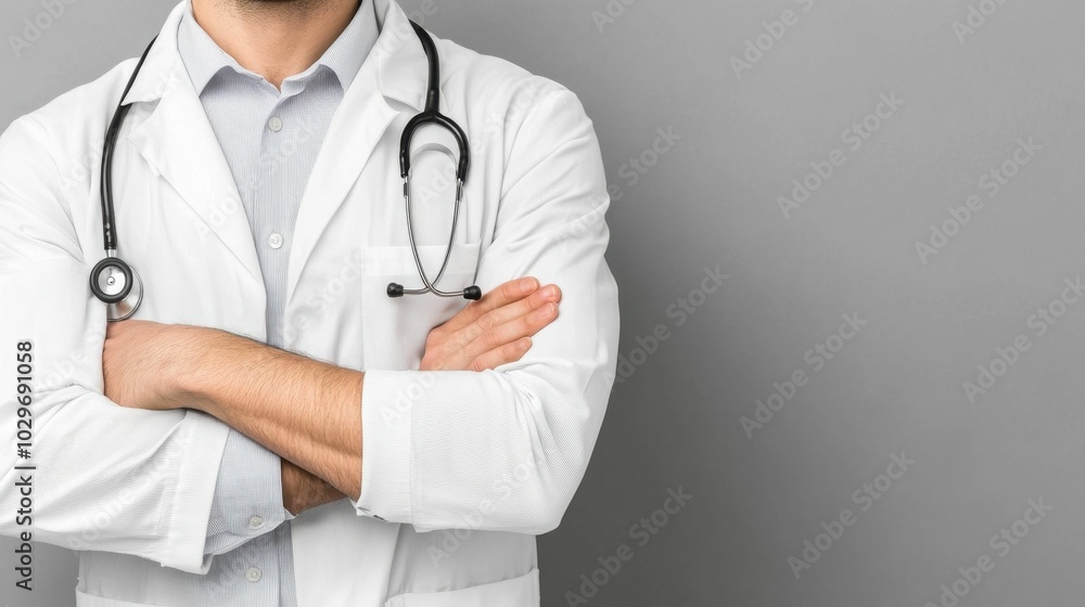 A doctor standing with arms crossed and a stethoscope around the neck, posing confidently against a plain gray background in a medical setting.. A doctor standing with arms crossed and a stethoscope around the neck, posing confidently against a plain gray background in a medical setting..