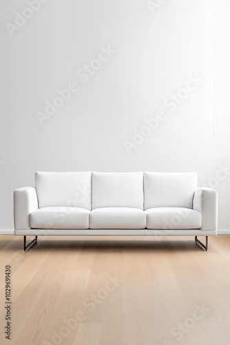 Modern white sofa on a wooden floor, minimalist design