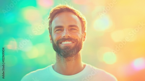 A joyful man with a bright smile is surrounded by colorful bursts of light, creating an uplifting and cheerful atmosphere photo