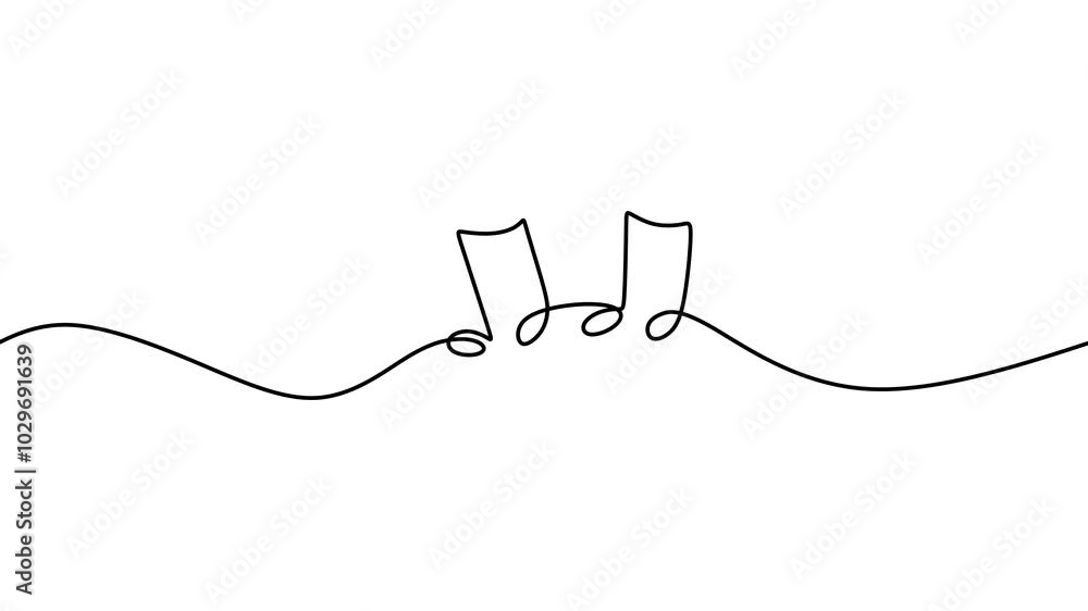 Continuous drawing line art of music note symbol with black line and white background. One line