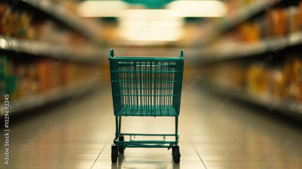 A shopping cart is positioned in the middle of a grocery aisle lined with shelves of various products, suggesting a shopping outing A shopping cart is positioned in the middle of a grocery aisle lined with shelves of various products, suggesting a shopping outing