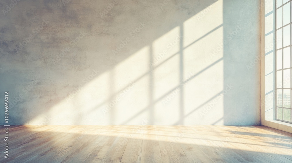 Fototapeta premium Soft sunlight fills a spacious, minimalistic room, highlighting its empty walls and wooden floor in a calm atmosphere