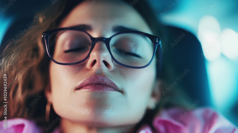 A businesswoman is resting her head on the desk, clearly exhausted from a long day at work in a low-lit office environment A businesswoman is resting her head on the desk, clearly exhausted from a long day at work in a low-lit office environment
