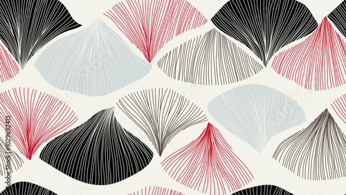 Abstract seamless pattern featuring fan shape filled with vertical lines of red and black on a brown background