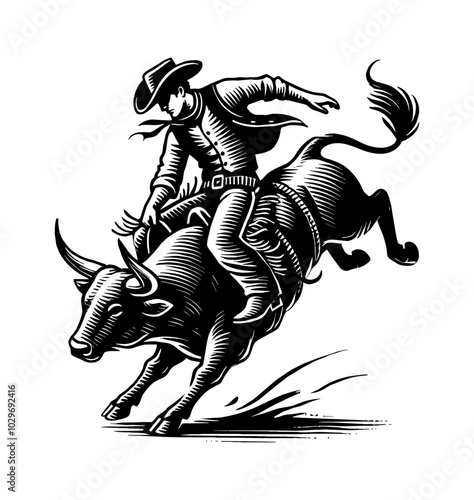 cowboy rodeo bull engraving black and white outline