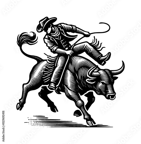 Wallpaper Mural cowboy rodeo bull engraving black and white outline Torontodigital.ca