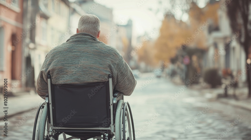 Obraz premium A wheelchair user approaches a cobblestone street obstacle while exploring a city during daytime