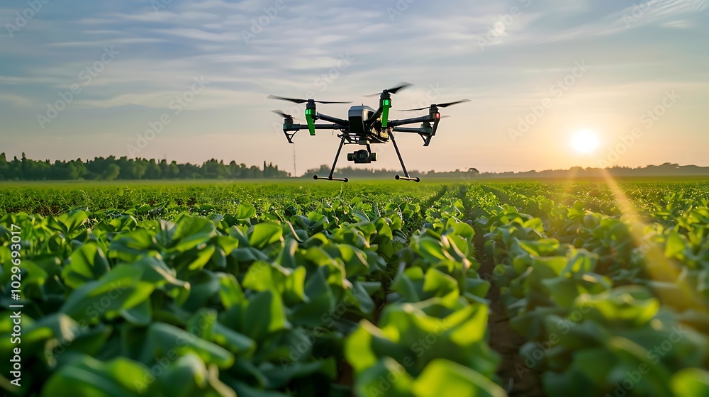 A drone flying over a field of green plants A drone flying over a field of green plants