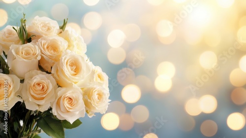 Delicate white roses are beautifully arranged, capturing warm bokeh lights in the background, enhancing the tranquil mood