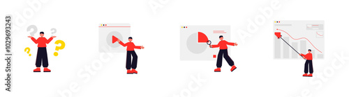 Business concept flat illustration, growth graph, data analytics, research, play media, asking question illustration