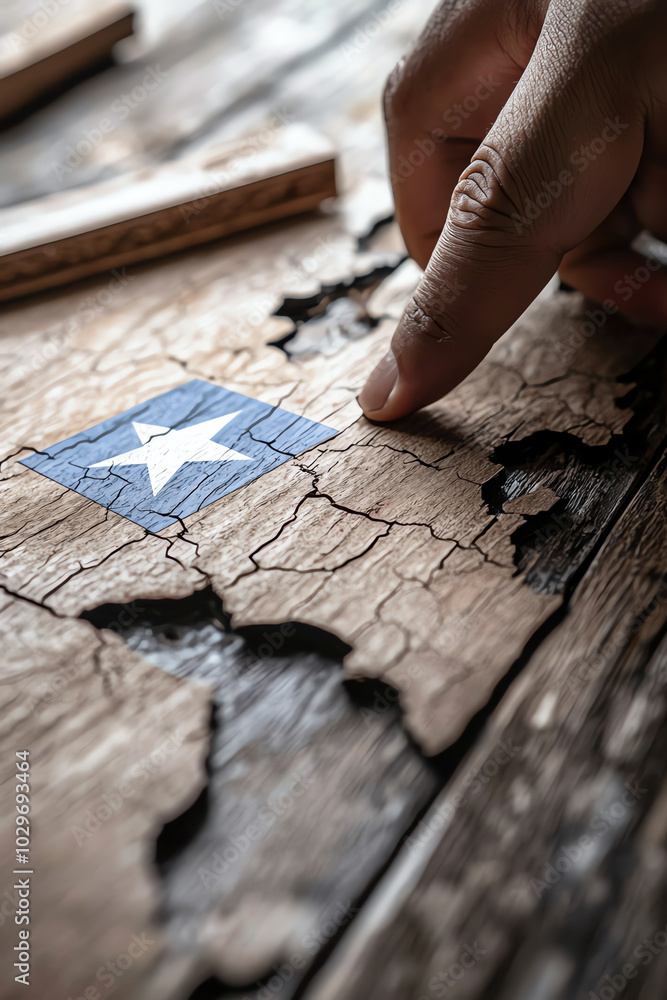 Naklejka premium Hand touching cracked wood with star design.