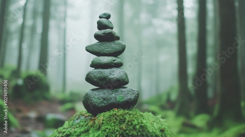 Zen stones are meticulously balanced on a mossy base, surrounded by dense trees in a peaceful forest atmosphere