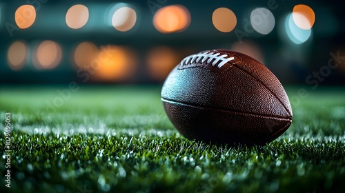 Football on a lush green field, positioned slightly off-center, space for text on the upper half, warm natural lighting, detailed stitching. Football, Grass, Text Space