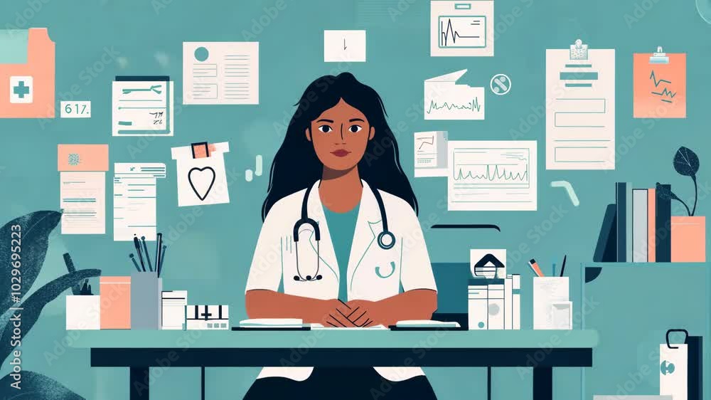 A female doctor sits at her desk in a medical office A female doctor sits at her desk in a medical office