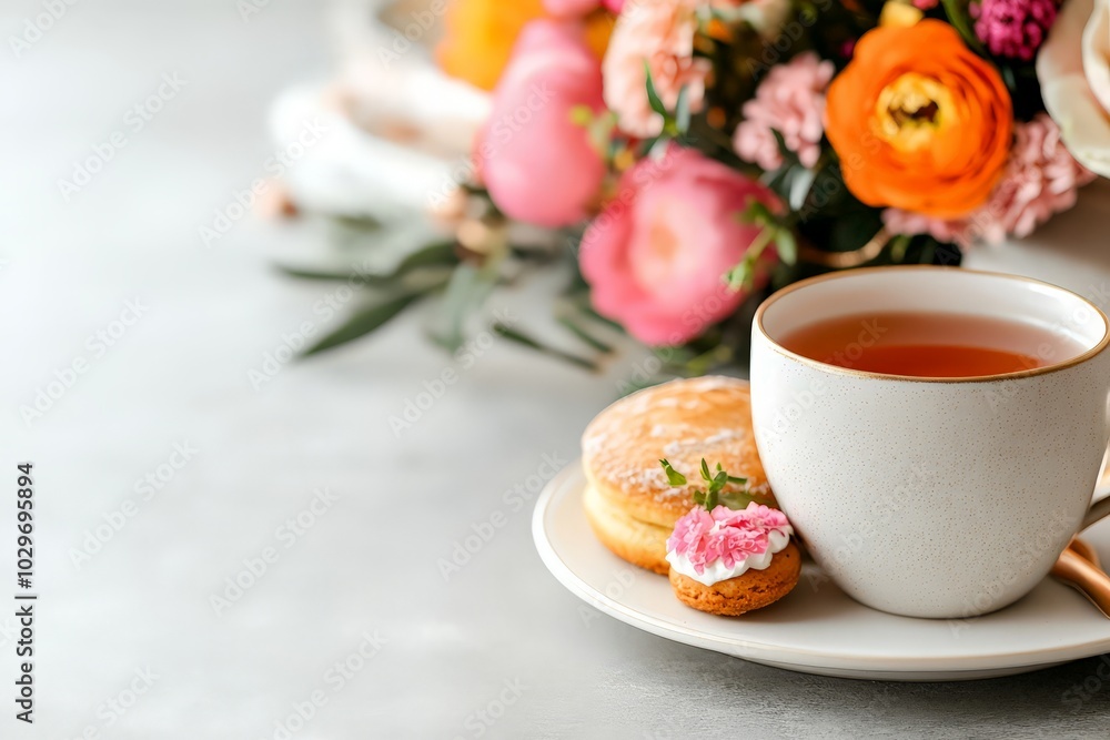 A cozy scene featuring a cup of tea, delicious pastries, and vibrant flowers, creating a perfect setting for relaxation. A cozy scene featuring a cup of tea, delicious pastries, and vibrant flowers, creating a perfect setting for relaxation.