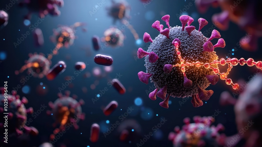 3D rendering of virus particles in a microscopic view, dark background. 3D rendering of virus particles in a microscopic view, dark background.