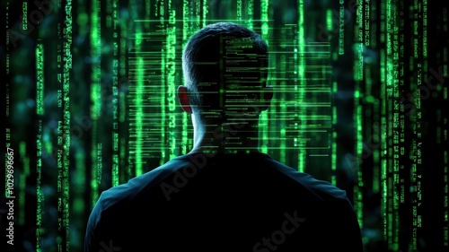 Individual immersed in a digital matrix environment photo