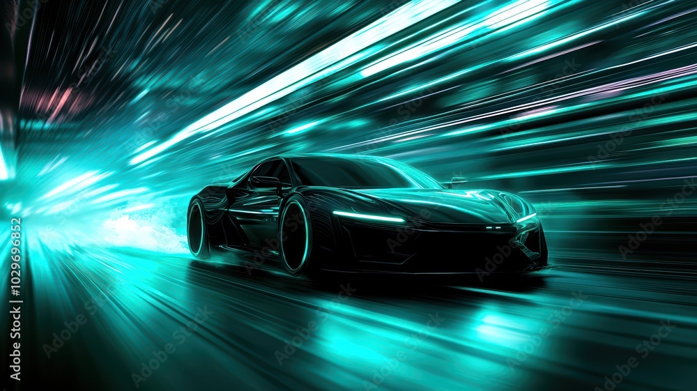 Futuristic car speeding through neon-lit cityscape Futuristic car speeding through neon-lit cityscape