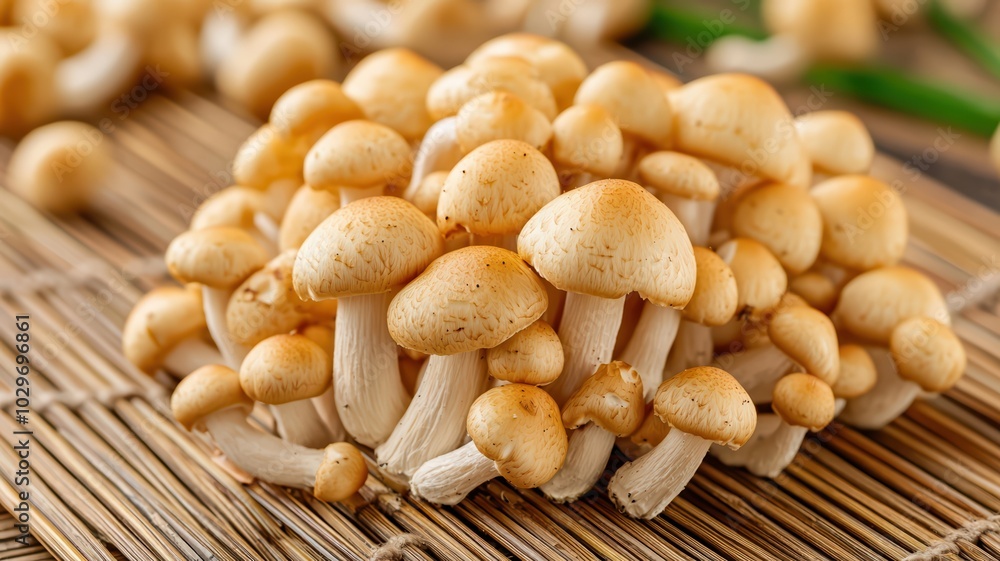 Fresh enoki mushrooms arranged on a bamboo mat Fresh enoki mushrooms arranged on a bamboo mat