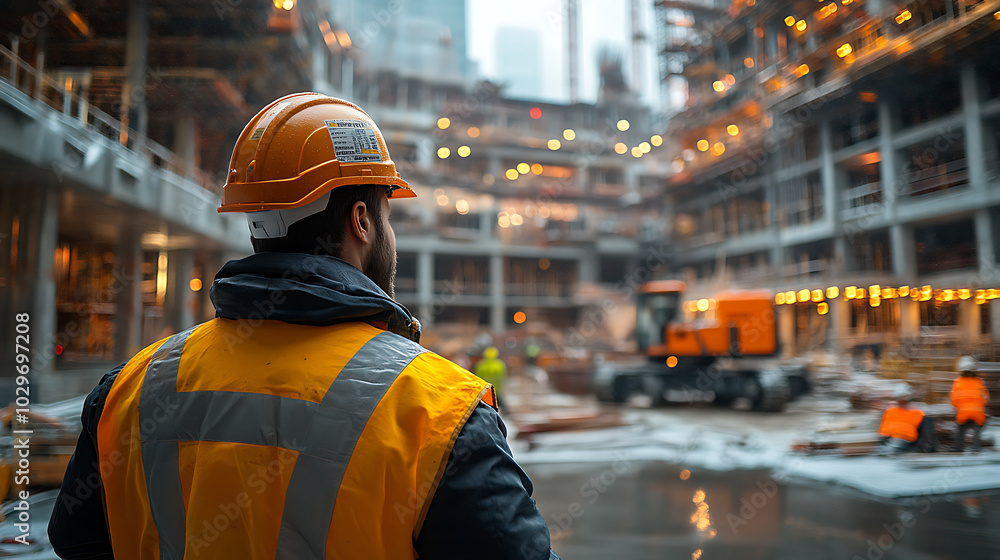 Construction worker supervises site, focus on activity and machinery. Construction worker supervises site, focus on activity and machinery.