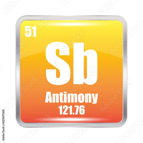 Sb icon. Antimony element. Atomic number 51. Mass 121.76. Orange square background. Vector symbol.