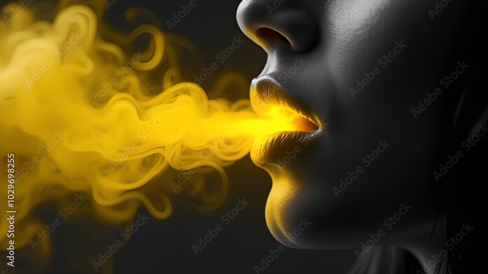 A close-up photograph of a woman's lips in monochrome except for her lips which are a vibrant glowing yellow Soft ethereal yellow smoke-like waves emanate from her lips A close-up photograph of a woman's lips in monochrome except for her lips which are a vibrant glowing yellow Soft ethereal yellow smoke-like waves emanate from her lips