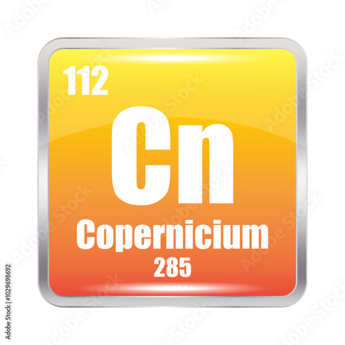 Copernicium icon. Cn chemical element. Atomic number 112. Mass 285. Orange square design.