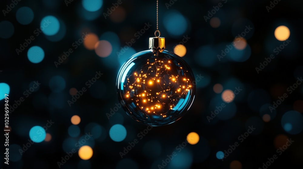 Obraz premium Beautiful glass ornament with glowing lights suspended in a dark background