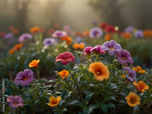 A vibrant display of orange and purple flowers bloom in a soft natural light