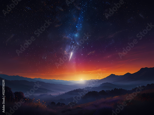 A serene and breathtaking digital artwork depicting a comet disappearing into the horizon of a vibrant, starry universe, set against a deep blue and purple gradient background that transitions